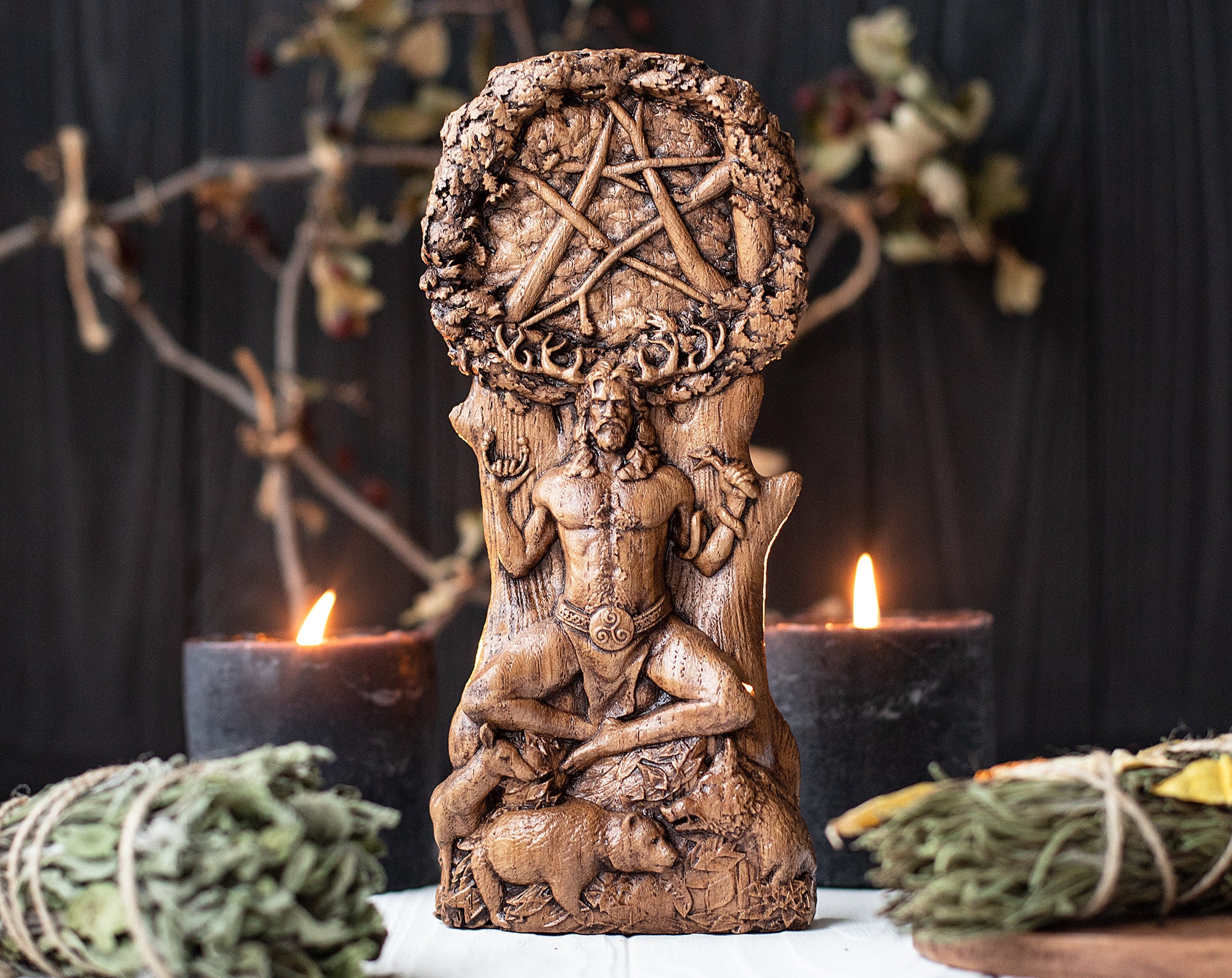 Cernunnos Statue Cernun Wood Horned God Celtic God Altar Statue Pagan