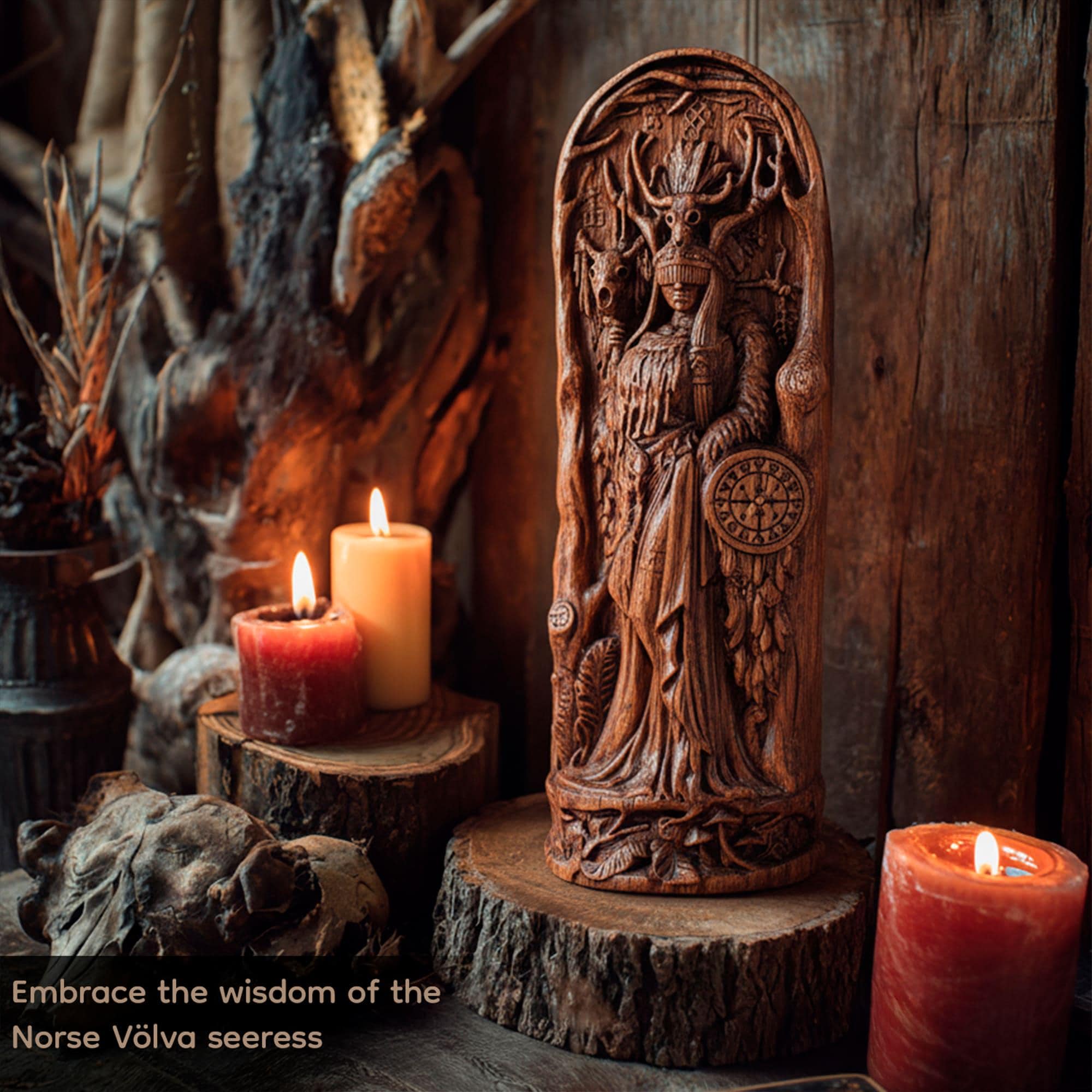 Seidr Ritual Volva Seidr Seeress Statue – With the Viking Shaman Drum Adorned With a ...