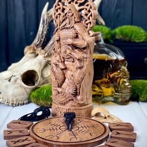 Odin statue with Yggdrasil, wolves Geri and Freki, ravens Hugin and Munin – Norse statue in Wotan idols Scandinavian gods Odin figurine image 10