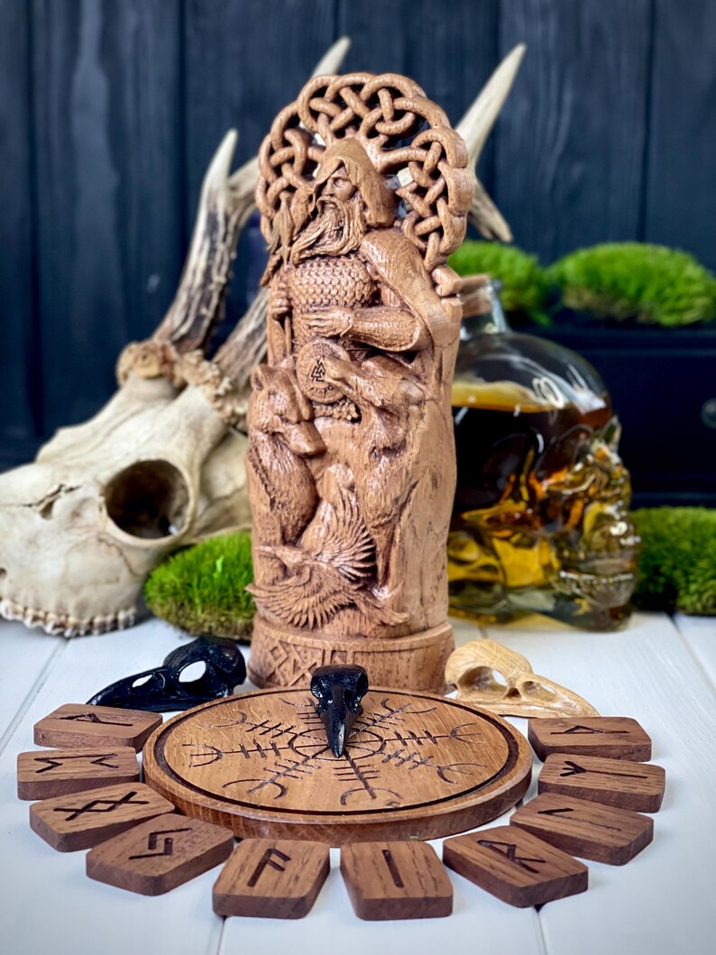 Odin statue with Yggdrasil, wolves Geri and Freki, ravens Hugin and Munin – Norse statue in Wotan idols Scandinavian gods Odin figurine image 10