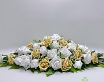 Silk Wedding Flowers, Gold/Champagne & White Rose Top Table Decoration