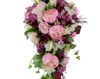 Artificial Wedding Flowers, Burgundy, Plum & Pink Brides Shower Bouquet, Deep Red, Claret