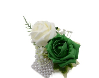 Artificial Wedding Flowers, Emerald Green & Ivory Foam Rose Wrist Corsage