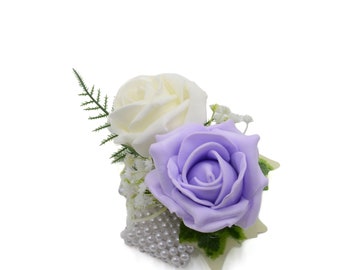 Artificial Wedding Flowers, Lilac & Ivory Foam Rose Wrist Corsage