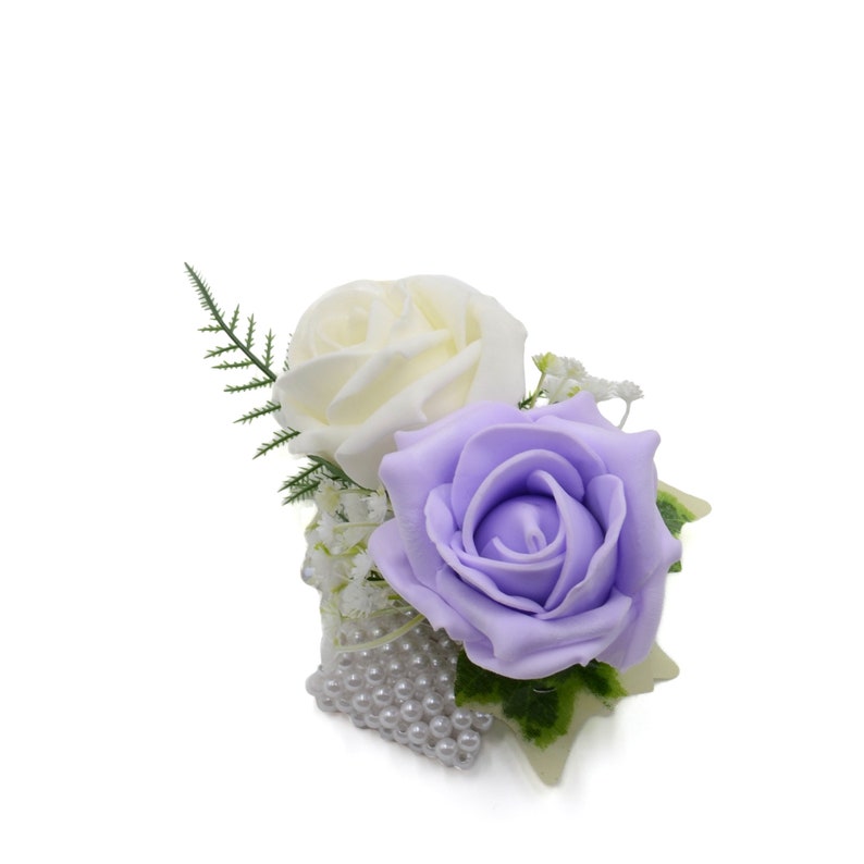 Artificial Wedding Flowers, Lilac & Ivory Foam Rose Wrist Corsage image 1
