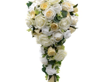 Artificial Wedding Flowers, Ivory, White & Champagne Rose Brides Teardrop Bouquet