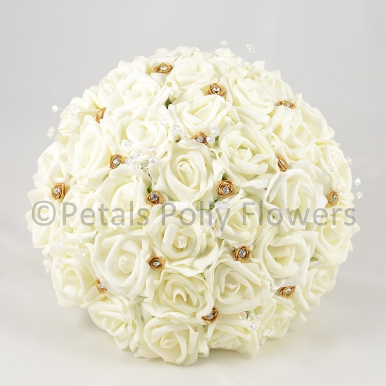 Artificial Wedding Flowers Ivory /& Gold Rose Brides Bouquet Posy