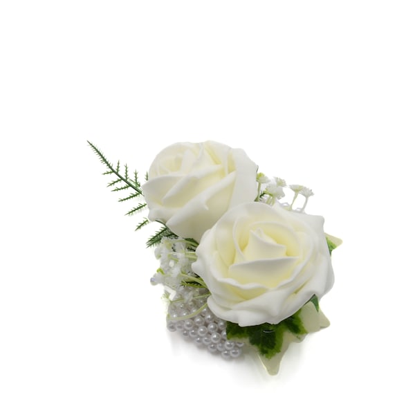 Artificial Wedding Flowers, Ivory Foam Rose Wrist Corsage