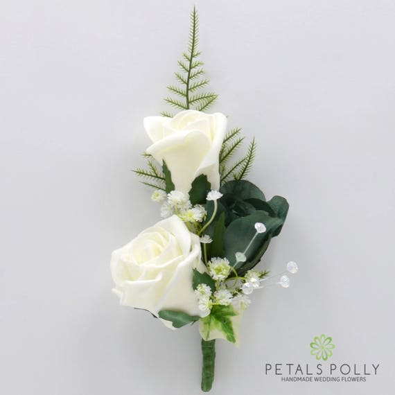 Artificial Wedding Flowers Burgundy /& Ivory Double Rose Buttonhole