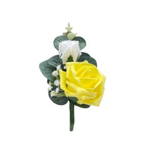 Artificial Wedding Flowers, Yellow & Ivory Double Foam Rose Buttonhole