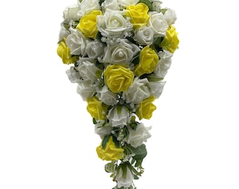 Artificial Wedding Flowers, Yellow & Ivory Cream Rose Brides Teardrop Bouquet