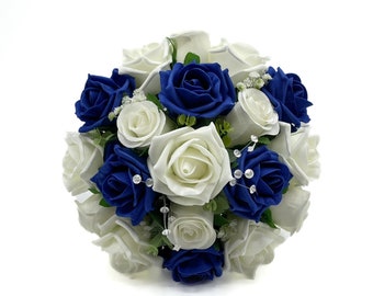 Artificial Wedding Flowers, Navy Blue & Ivory Bridesmaids Bouquet Posy