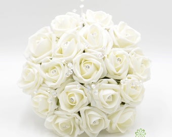 Artificial Wedding Flowers, Ivory Bridesmaids Bouquet Posy with Diamante Rose Centres