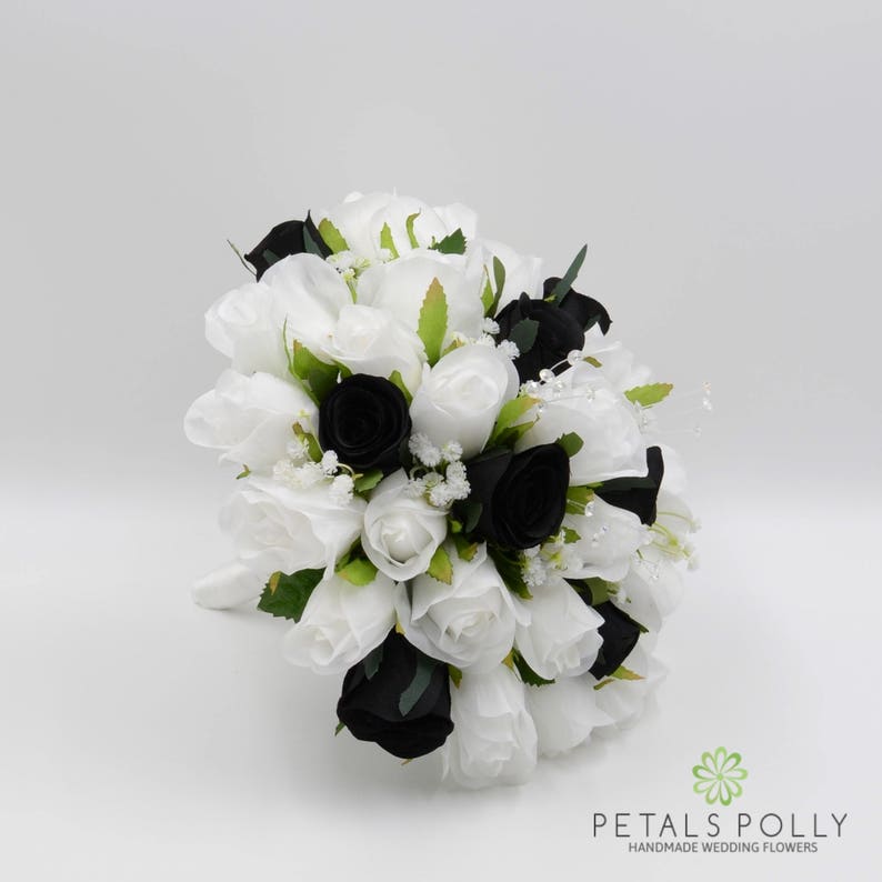 Artificial Wedding Flowers Black & White Rose Brides Bouquet Etsy