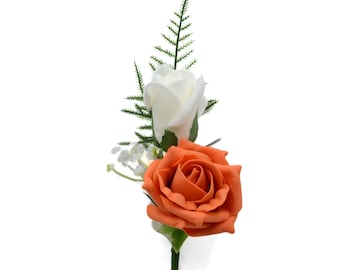 Artificial Wedding Flowers, Orange & Ivory Double Foam Rose Buttonhole