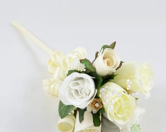 Artificial Wedding Flowers, White, Gold & Ivory Rose Flower Girl Wand