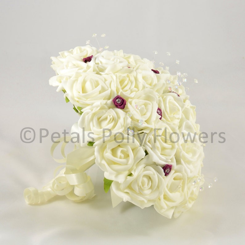Artificial Wedding Flowers Ivory /& Burgundy Rose Brides Bouquet Posy