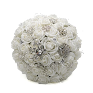 Artificial Wedding Flowers, White Rose Brides Bouquet Posy with Diamante Brooches, Pearl Stems & Crystal Stems