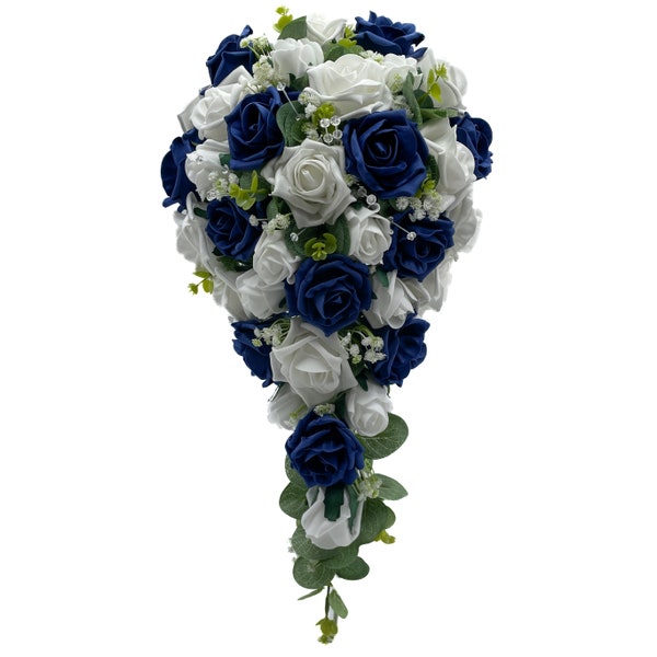 Artificial Wedding Flowers, Navy Blue & White Rose Brides Teardrop Bouquet