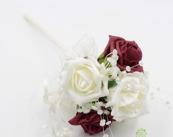 Artificial Wedding Flowers, Burgundy & Ivory Foam Rose Flower Girl Wand, Deep Red, Claret