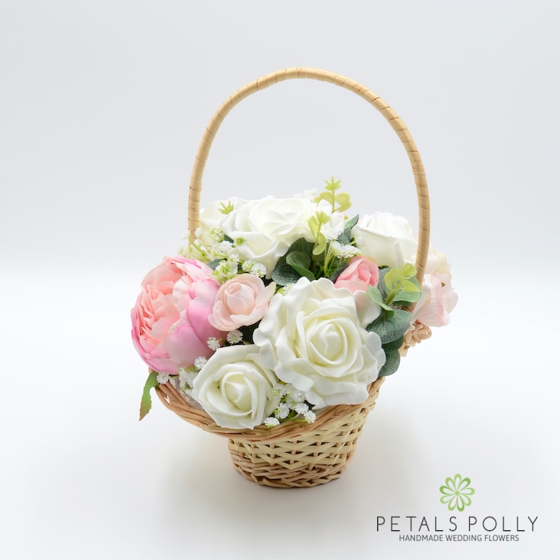 Artificial Wedding Flowers Pastel Pink Peony /& Ivory Rose Flower Girl Basket