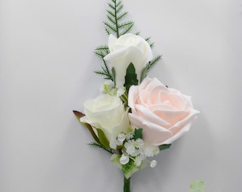 Artificial Wedding Flowers, Blush Pink & Ivory Triple Rose Gents Buttonhole / Ladies Corsage