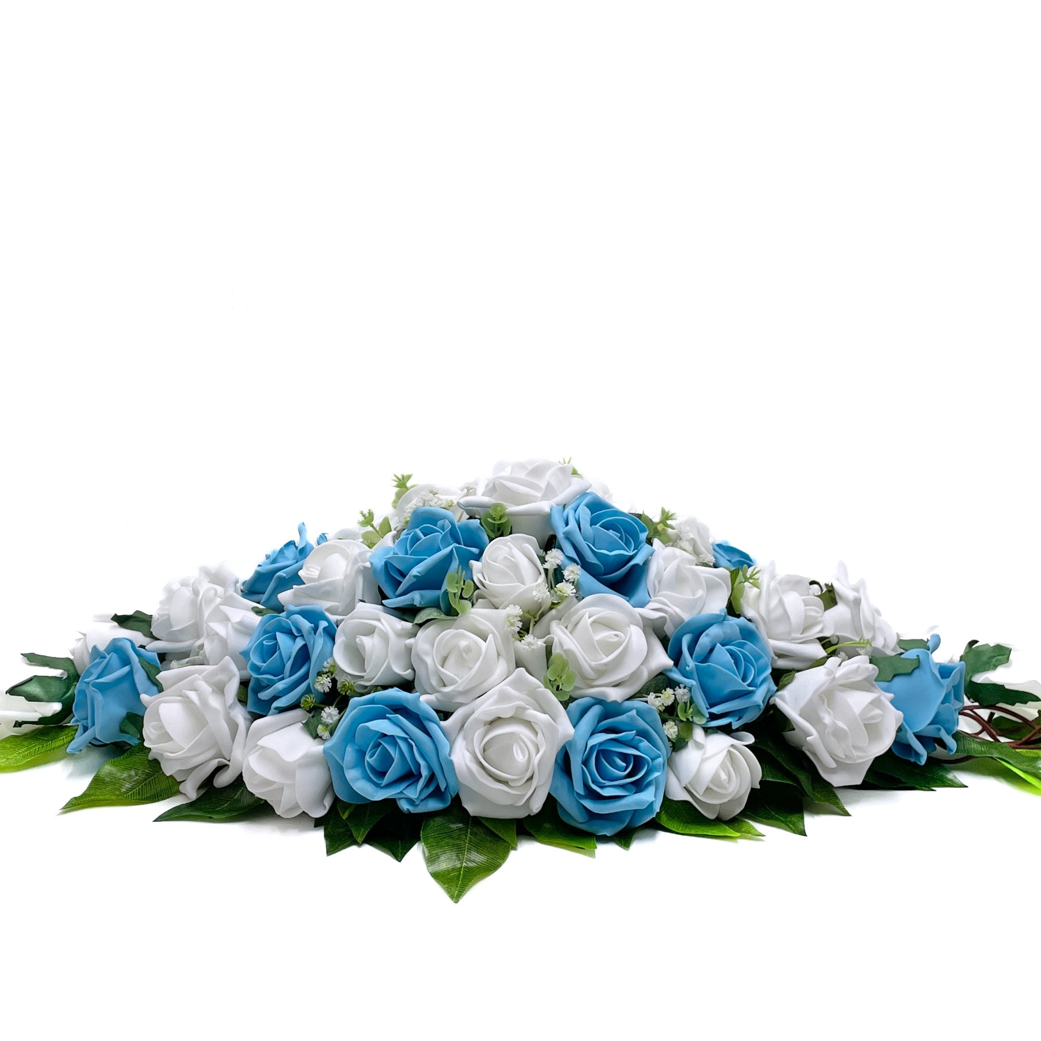 Flores de boda de seda, decoración de mesa principal con rosas blancas,  turquesas y aguamarina, image size:2133x2133