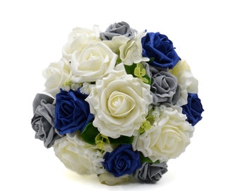 Artificial Wedding Flowers, Grey, Navy Blue & Ivory Rose Bridesmaids Bouquet Posy with Hydrangea, Eucalyptus