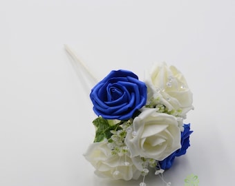 Artificial Wedding Flowers, Royal Blue & Ivory Foam Rose Flower Girl Wand