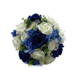 Artificial Wedding Flowers, Navy Blue & Ivory Rose Bridesmaids Bouquet Posy with Hydrangea