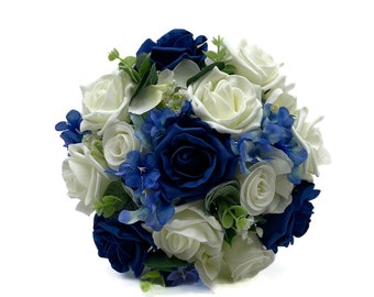Artificial Wedding Flowers, Navy Blue & Ivory Rose Bridesmaids Bouquet Posy with Hydrangea