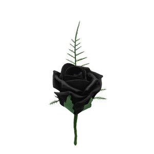 May include: A single black rose with green leaves and stem.