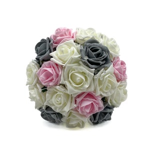 Artificial Wedding Flowers, Grey, Baby Pink & Ivory Bridesmaids Bouquet Posy