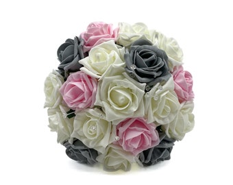 Artificial Wedding Flowers, Grey, Baby Pink & Ivory Bridesmaids Bouquet Posy