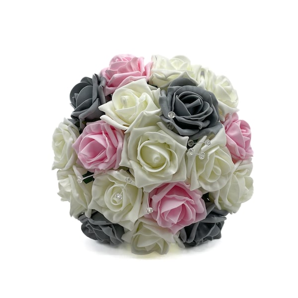 Artificial Wedding Flowers, Grey, Baby Pink & Ivory Bridesmaids Bouquet Posy