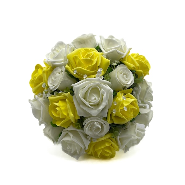 Artificial Wedding Flowers, Yellow & Ivory Bridesmaids Bouquet Posy