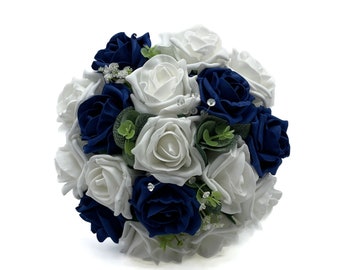 Artificial Wedding Flowers, Navy Blue & White Bridesmaids Bouquet Posy