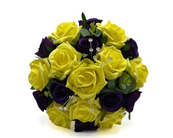 Artificial Wedding Flowers, Purple & Yellow Bridesmaids Bouquet Posy