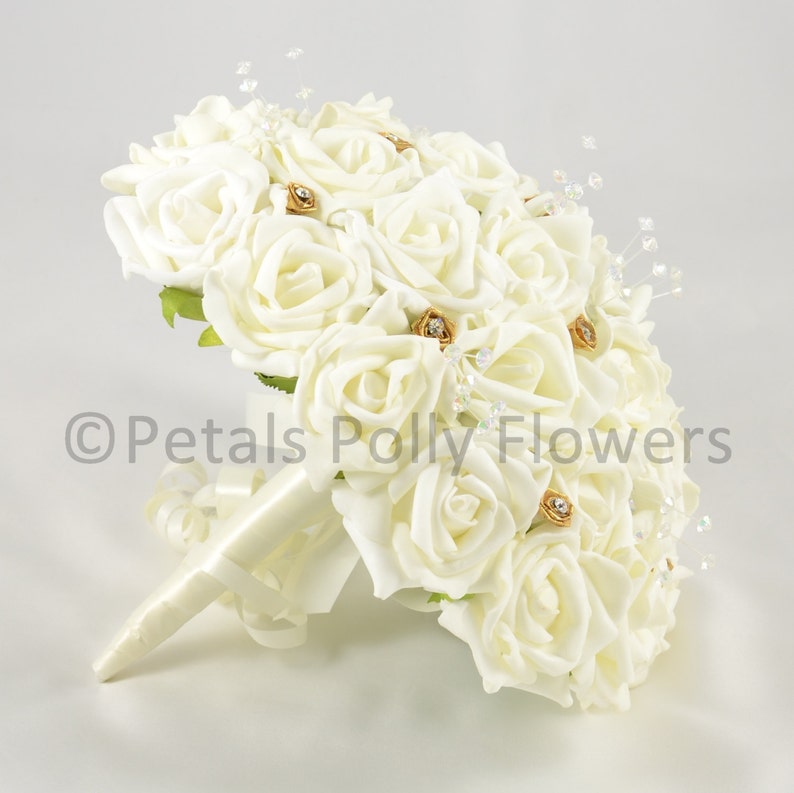 Artificial Wedding Flowers Ivory /& Gold Rose Brides Bouquet Posy