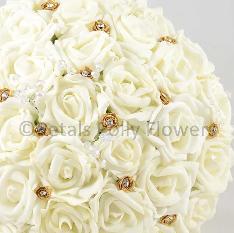 Artificial Wedding Flowers Ivory /& Gold Rose Brides Bouquet Posy
