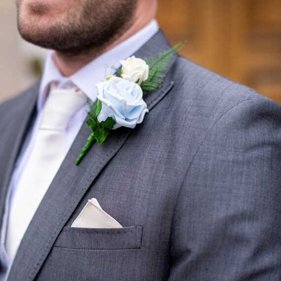 Artificial Wedding Flowers, Navy Blue & Ivory Double Foam Rose Buttonhole