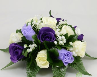 Silk Wedding Flowers, Purple, Lilac & Ivory Rose Table Centre Decoration