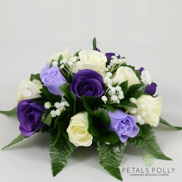 Silk Wedding Flowers, Purple, Lilac & Ivory Rose Table Centre Decoration