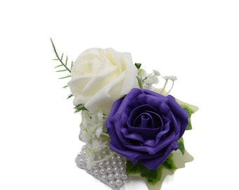 Artificial Wedding Flowers, Purple & Ivory Foam Rose Wrist Corsage