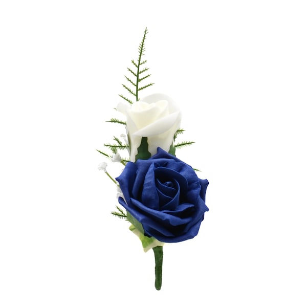 Artificial Wedding Flowers, Navy Blue & Ivory Double Foam Rose Buttonhole