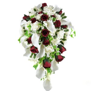 Artificial Wedding Flowers, Burgundy Rose & Ivory/Cream Calla Lily Brides Teardrop Bouquet, Deep Red, Claret