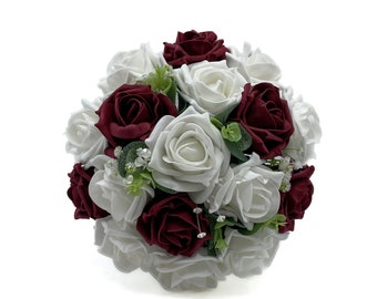 Artificial Wedding Flowers, Burgundy & White Bridesmaids Bouquet Posy, Deep Red, Claret