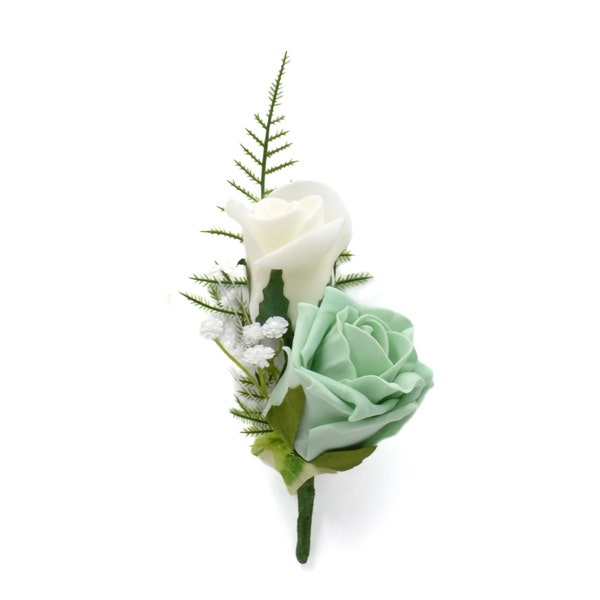 Artificial Wedding Flowers, Mint Green & Ivory Double Foam Rose Buttonhole