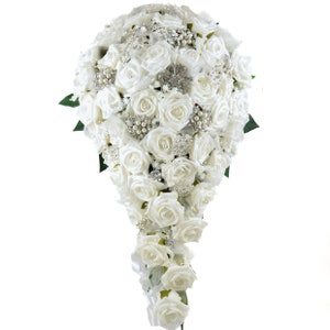 Artificial Wedding Flowers, White Rose Brides Teardrop Bouquet with Diamante Brooches
