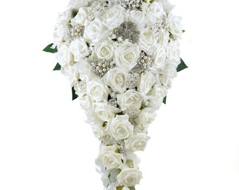 Artificial Wedding Flowers, White Rose Brides Teardrop Bouquet with Diamante Brooches